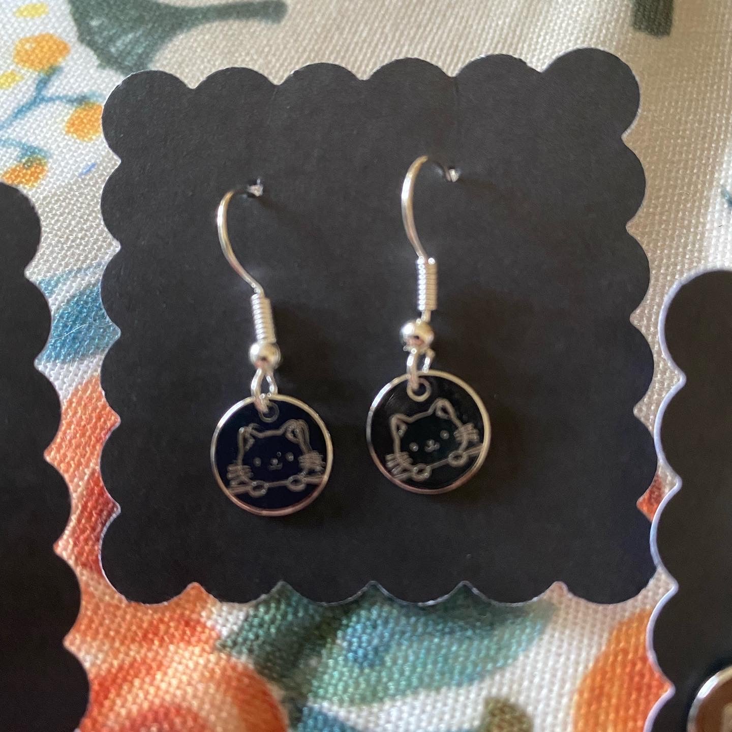 Silver Hand Stamped Cat Earrings